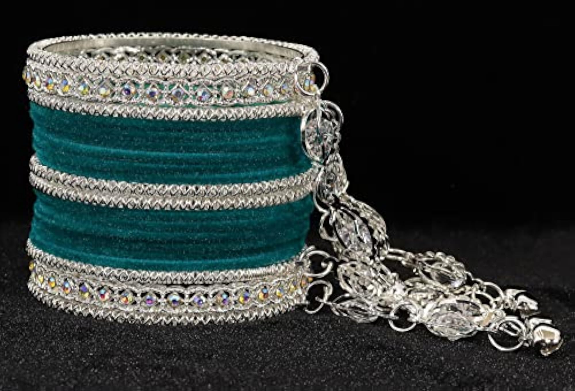 Metal with Zircon Gemstone and Bells Latkan Linked Velvet Bangles